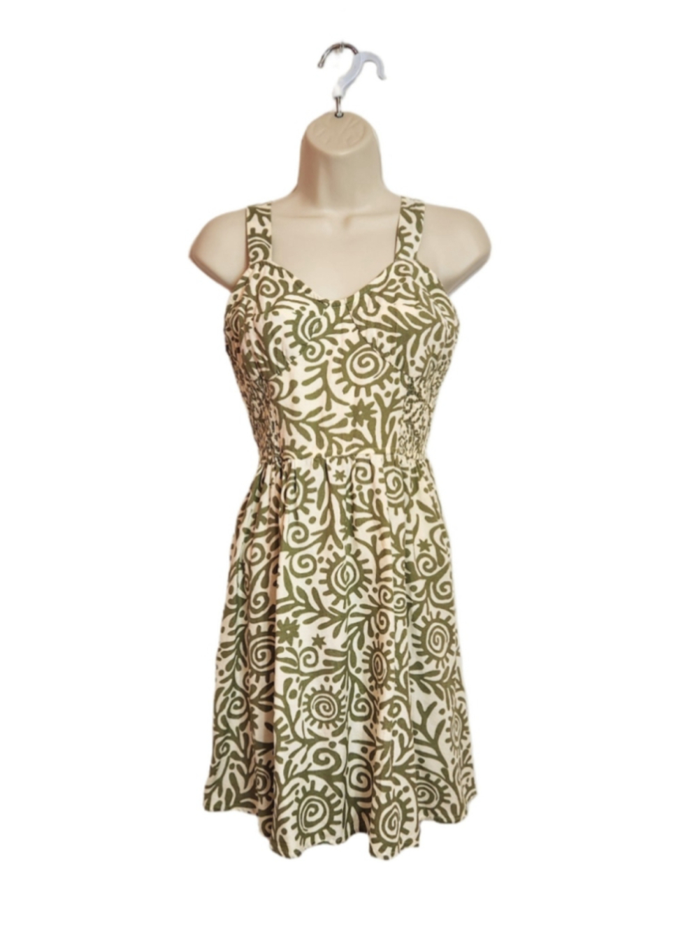 Japna Green/Cream Print Fit And Flare Smocked Summer Sleeveless Dress Medium